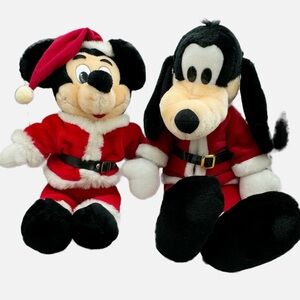 Vintage Mickey Mouse and Goofy Santa Claus plush stuffed toys Christmas decor